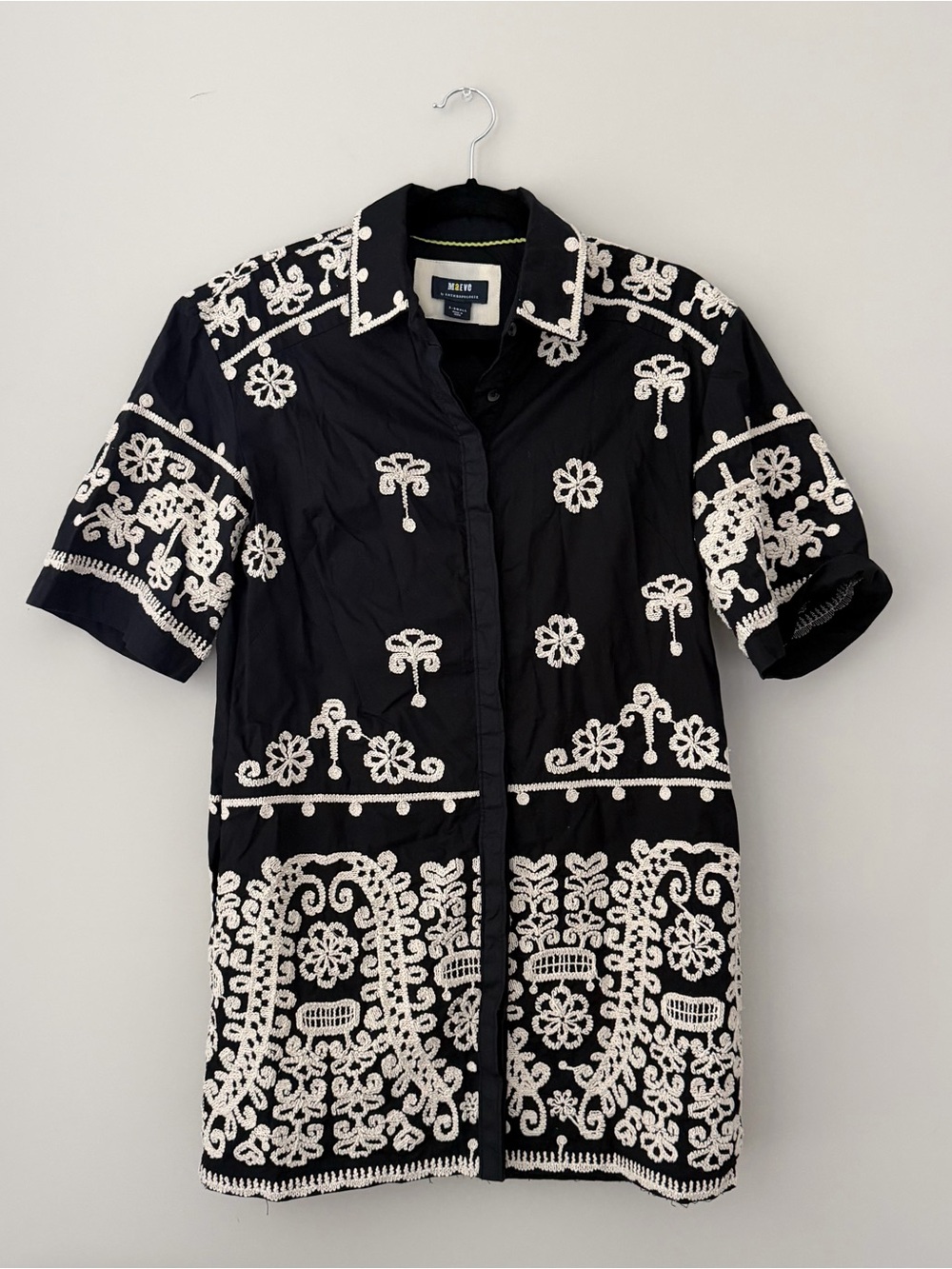 Anthropologie Black Short-Sleeve Button-Down Dress with White Embroidery
